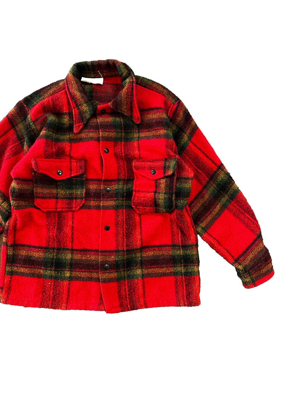 Vtg 60s Rockabilly Grunge Mens Double Pocket Plaid Flannel Shirt Jac 1960s Red